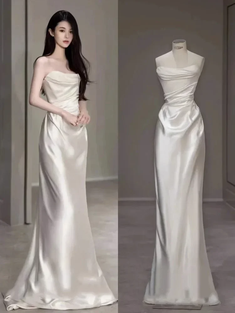 Beautiful Wedding Dress New Simple Two Wear Slim Satin White Prom Dress
