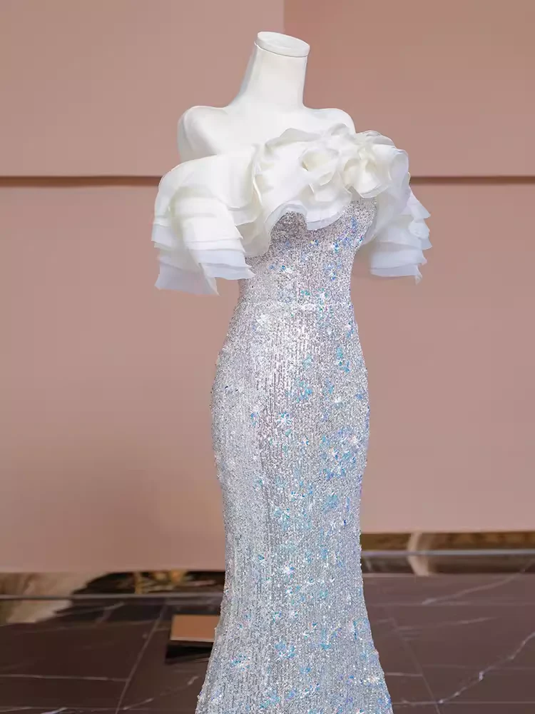 Mermaid Off The Shoulder Sequin Long Evening Dress Beads Prom Dress - View 3 | VelvetHem