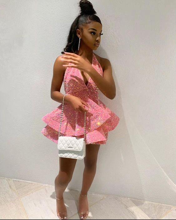 Shiny Black Girl Homecoming Dresses Short Pink 20th Birthday Dress (ZD12566) - VelvetHem