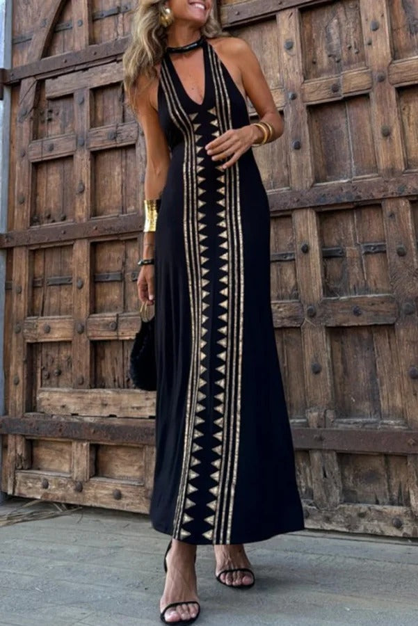 Irina Timeless Meret Gold Geometric Print Backless Halter Neck Stretch Maxi Dress Boutique Collection