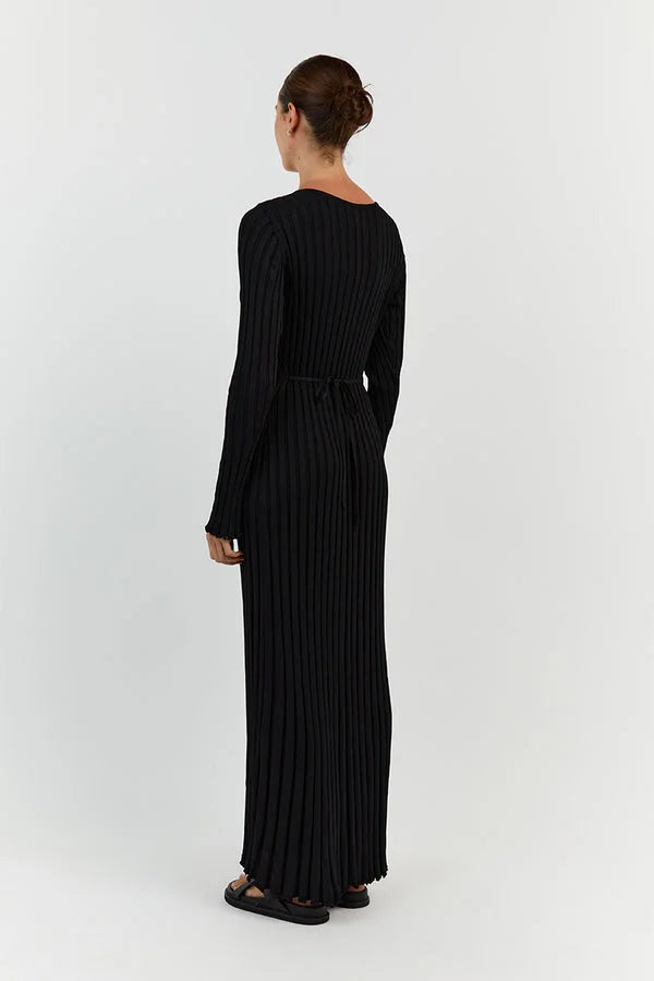 Sasha Timeless Knitted Midi Dress with V Neck and Sleeves Evening Wear Edit