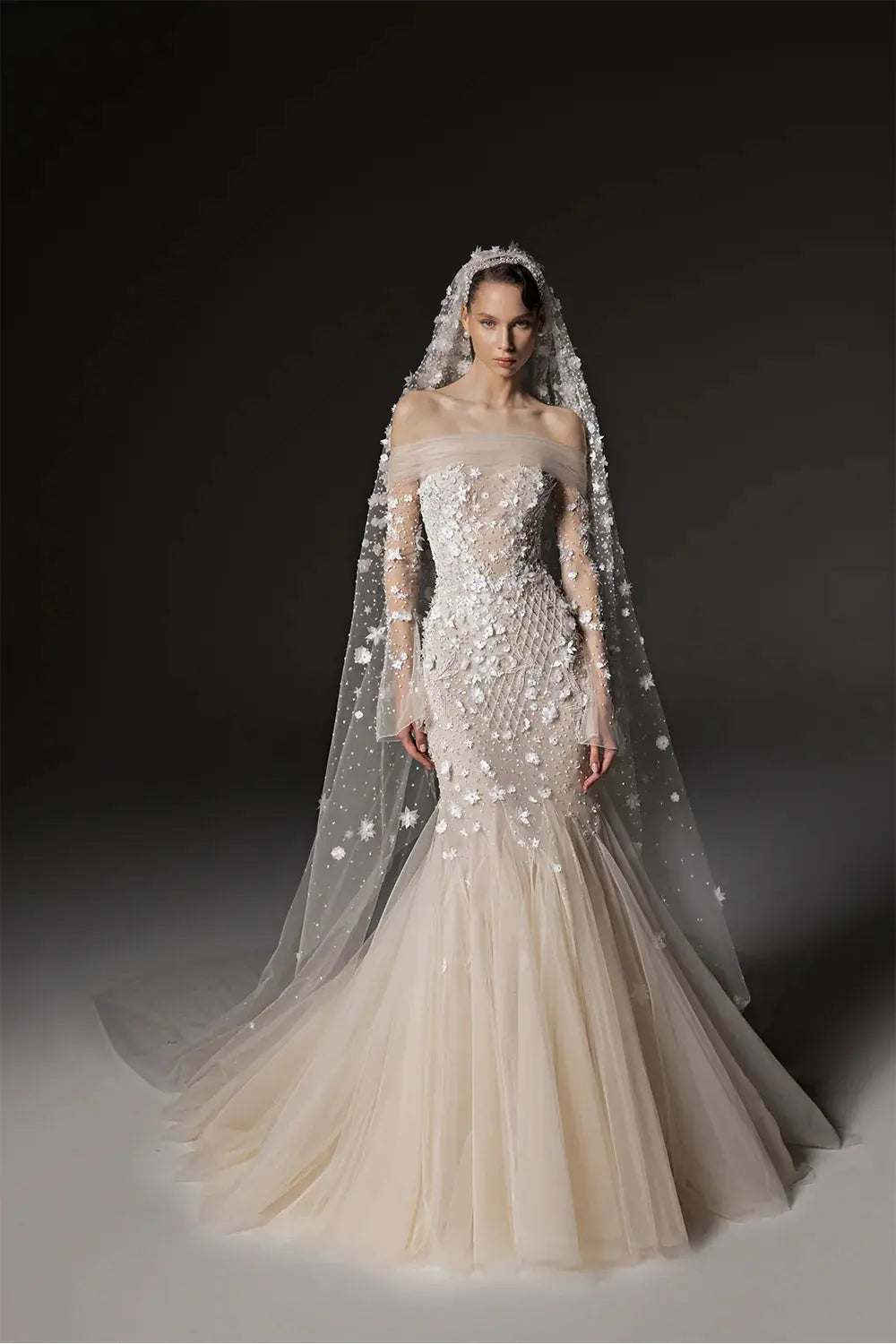 Glamorous Champagne Off-the-Shoulder Beaded Floral Mermaid Wedding Dress with Veil ZP078