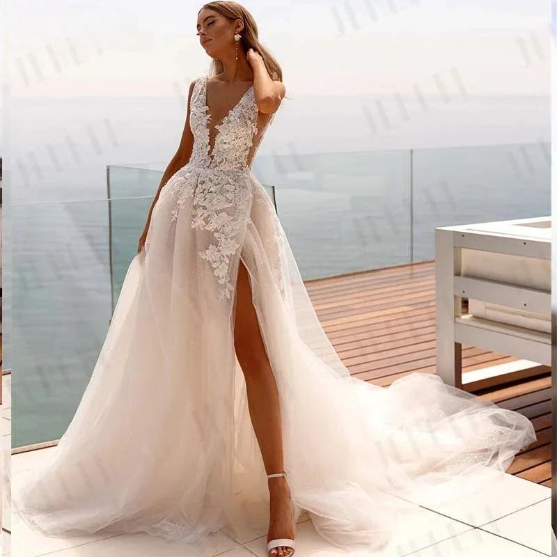 Popular V-neck Lace Applique A Line Wedding Dresses Backless Side Slit Custom Made Formal Bridal Grown 2024 (ZD13388)