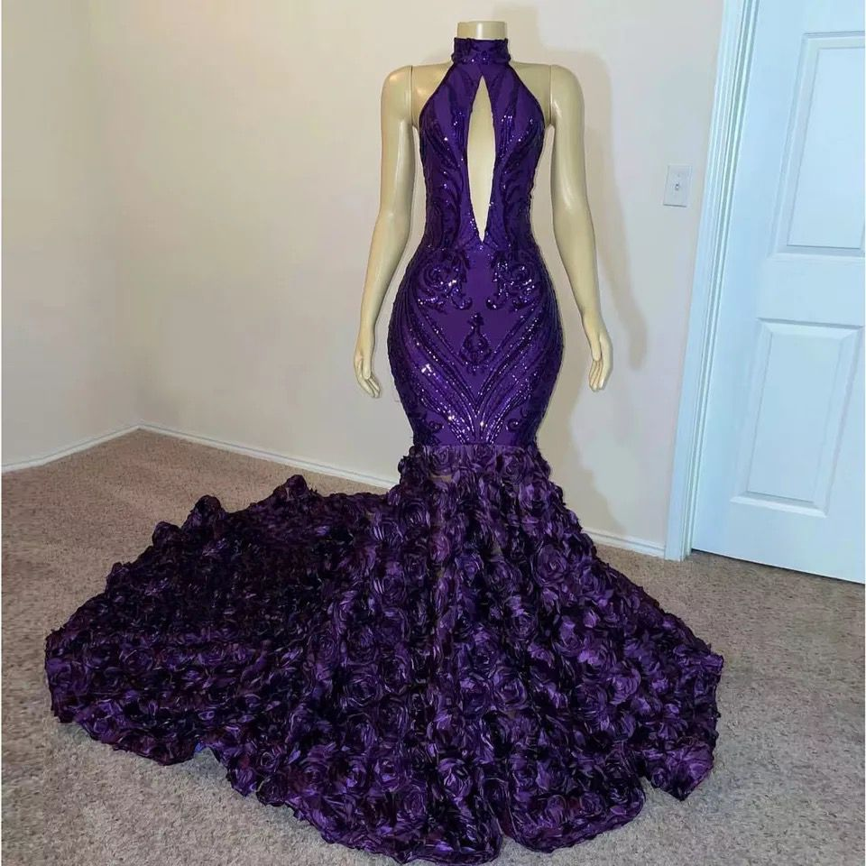 Purple Sequin Prom Dresses Mermaid Luxury for Black Girl High Neck with Flowers Women Evening Gowns for Wedding Gala Dress Y1846 - VelvetHem