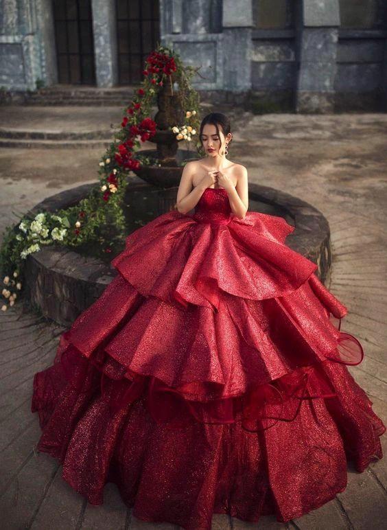 Pretty princess off the shoulder red sparkle ball gown wedding dress with tiered skirt and glitter tulle (ZD13583)