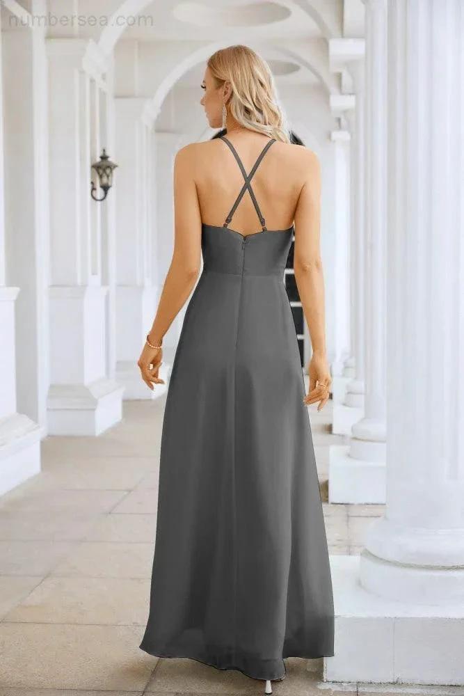 Ladies Chiffon Spaghetti Strap V Neck Front Slit Floor Length Bridesmaid Evening Dress Prom Party Wedding Evening Dress 28116 (ZD17012)