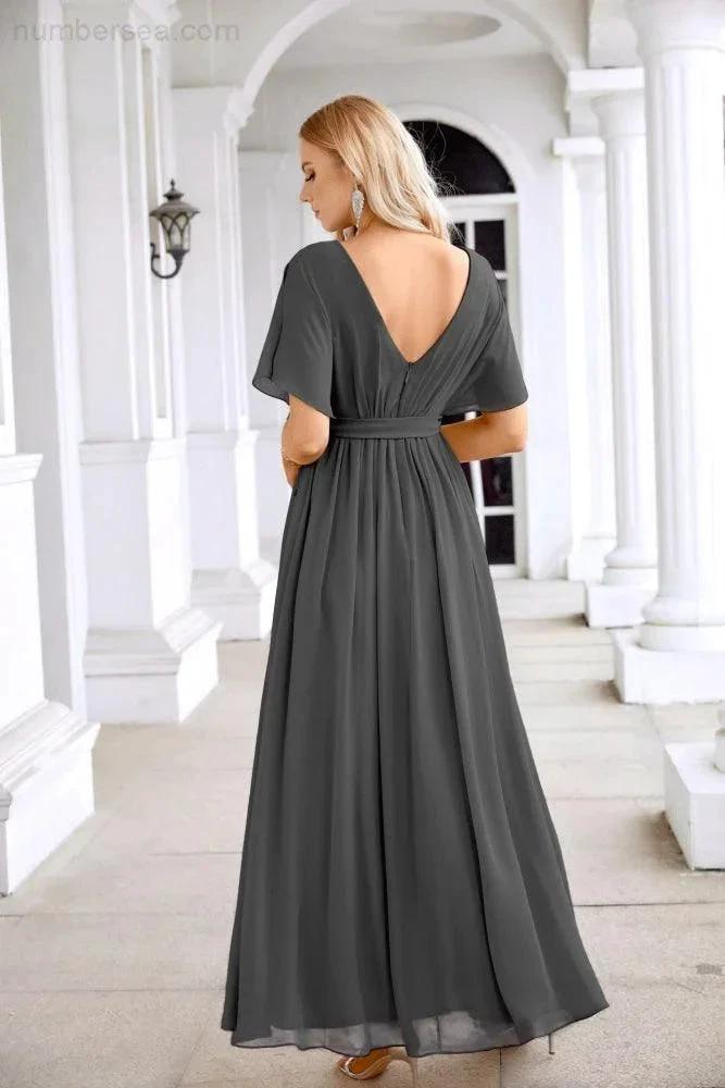 Ladies Chiffon Sleeve Crew Neck Front Slit Floor Length Bridesmaid Evening Dress Wedding Party Evening Dress 28124 (ZD17007)