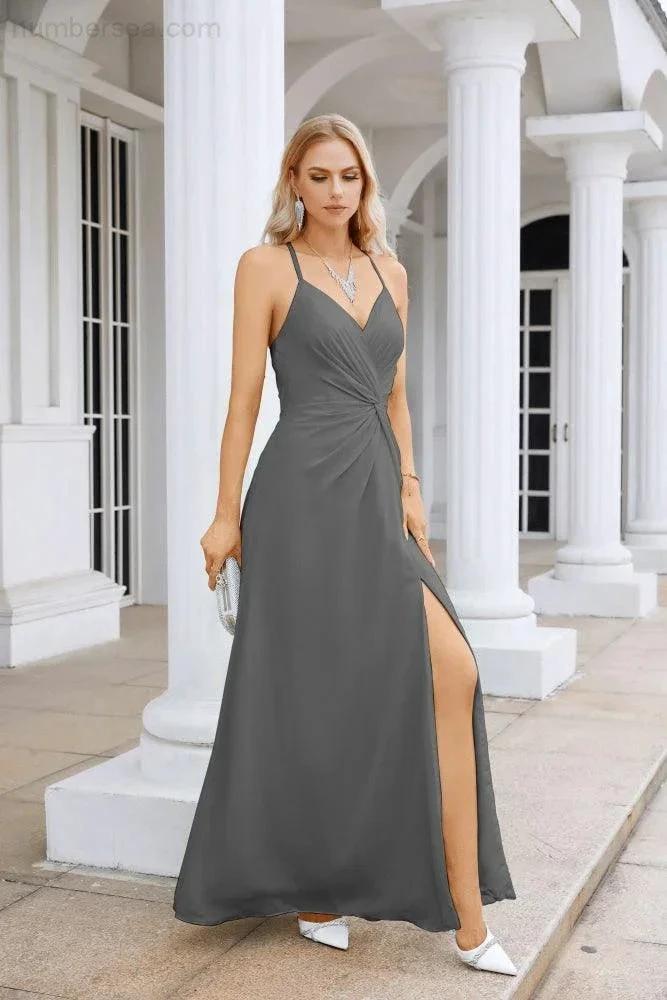 Ladies Chiffon Spaghetti Strap V Neck Front Slit Floor Length Bridesmaid Evening Dress Prom Party Wedding Evening Dress 28116 (ZD17012)