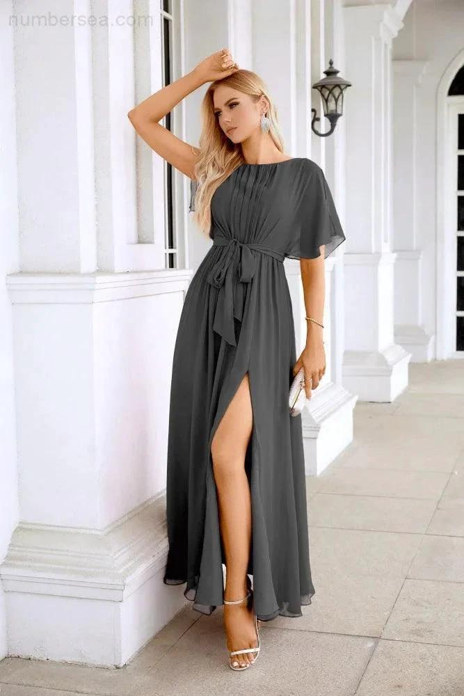 Ladies Chiffon Sleeve Crew Neck Front Slit Floor Length Bridesmaid Evening Dress Wedding Party Evening Dress 28124 (ZD17007)