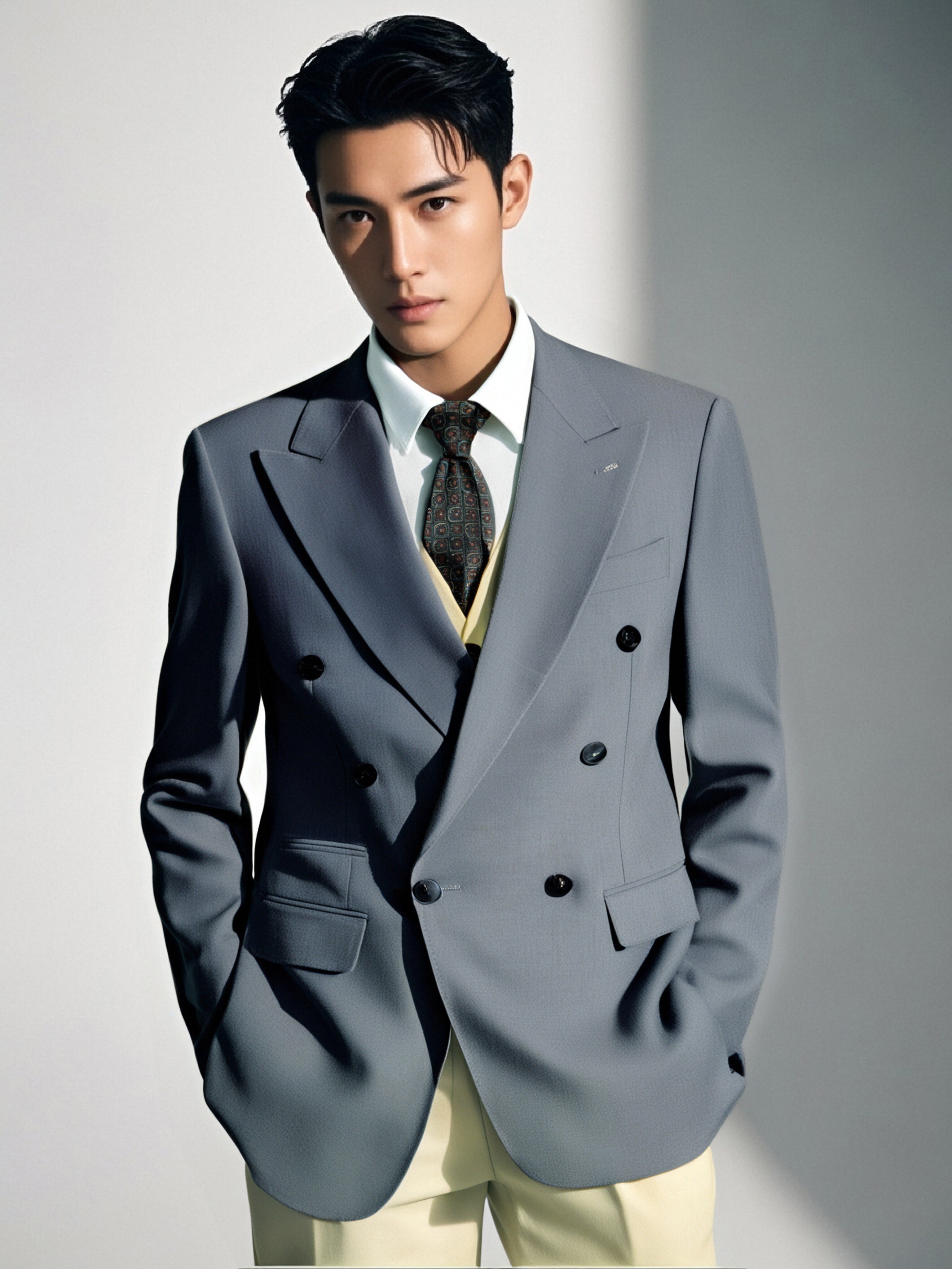 Double Breasted Light Grey Wool Suit For Groom And Business Wear (ZD17095)