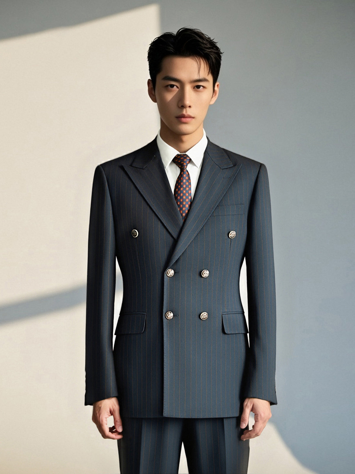 Navy Pinstripe Double Breasted Wool Suit For Groom And Business (ZD17092)