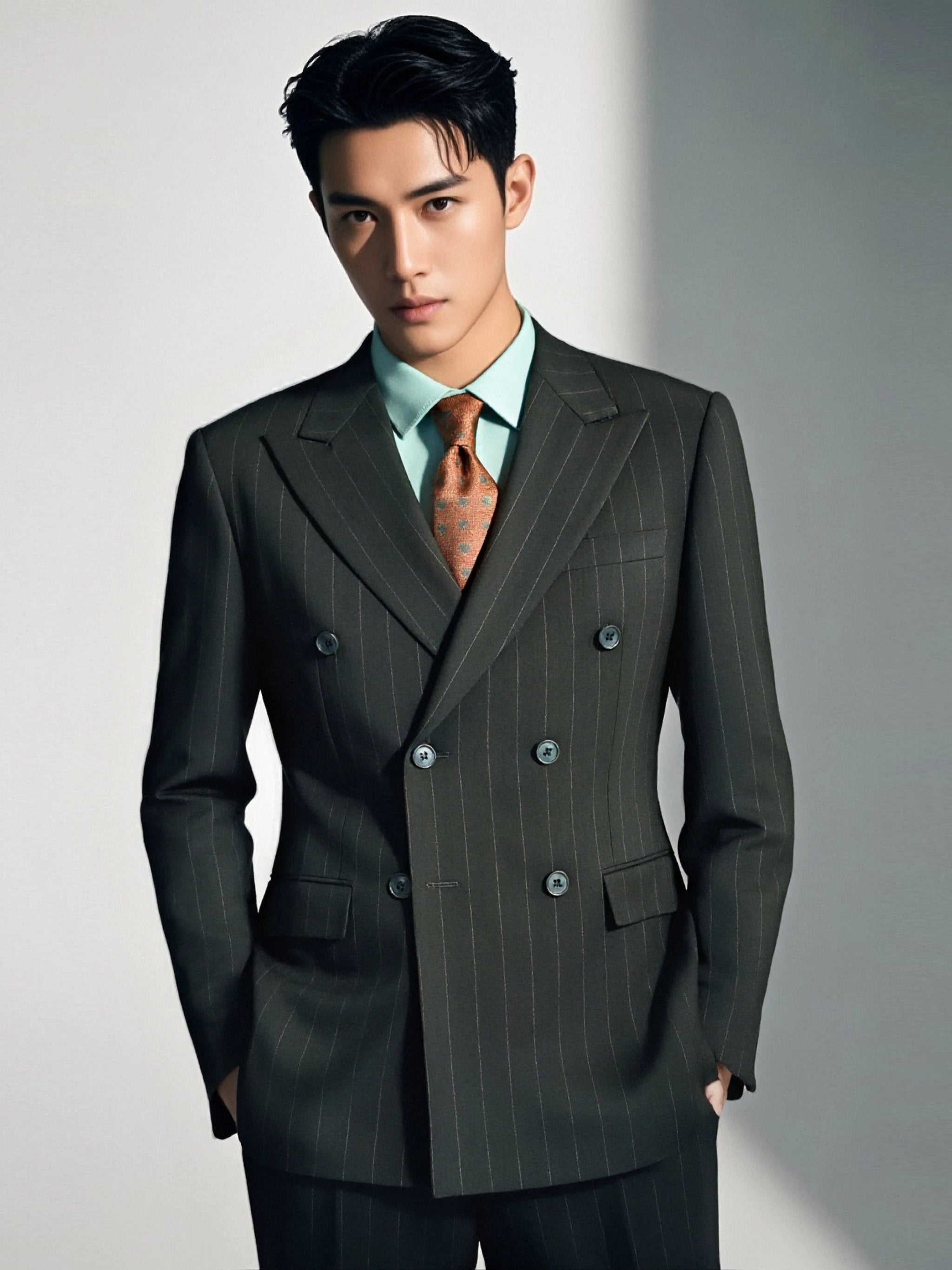 Charcoal Pinstripe Double Breasted Wool Suit for Formal Groom (ZD17091)