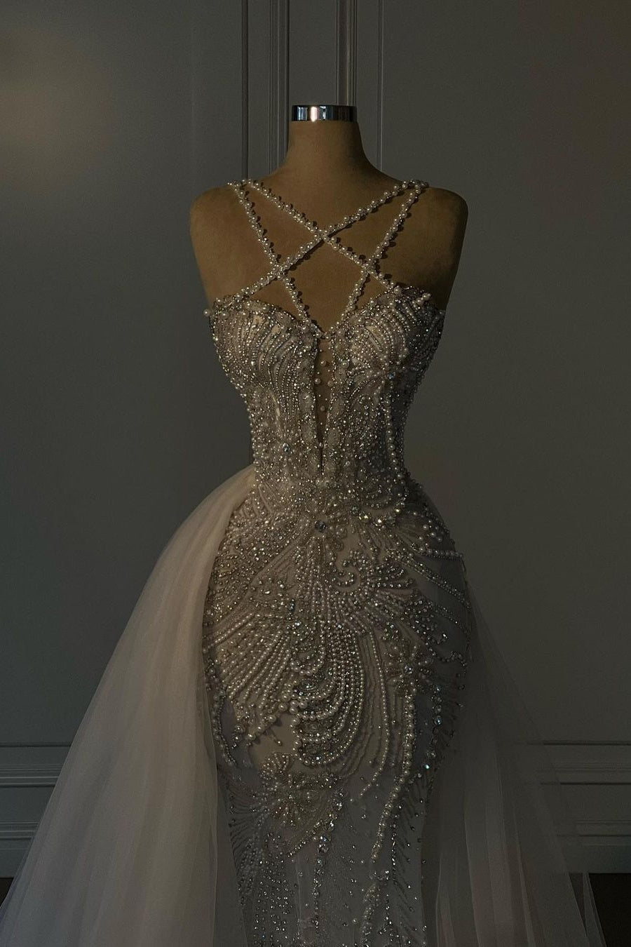 Heavy Mermaid Wedding Dress V-neck Spaghetti Strap Long With Beadings (ZD17406)