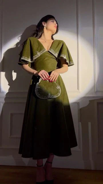 Retro Style V Neck Long Prom Dress,Winter Dance Dress