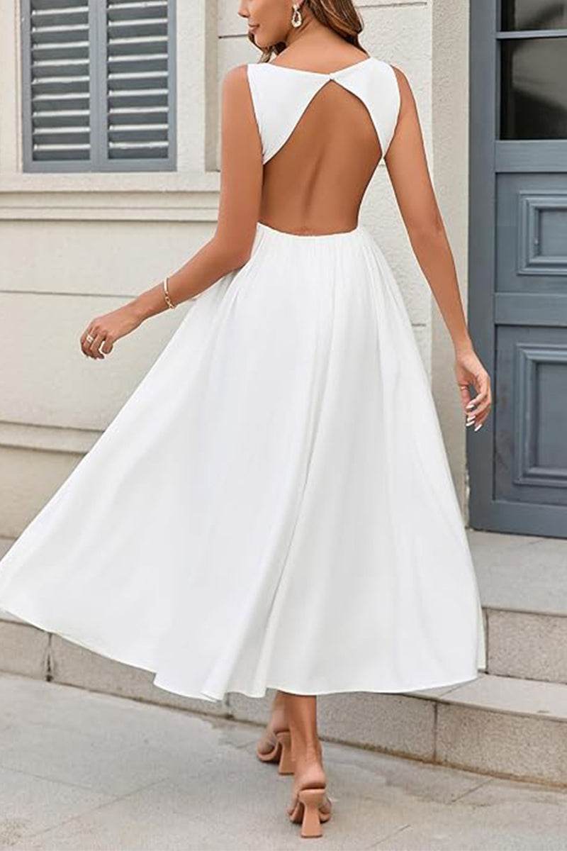 Elegant Cutout Back White Maxi Dress | Sleeveless Pleated Wedding Guest Gown