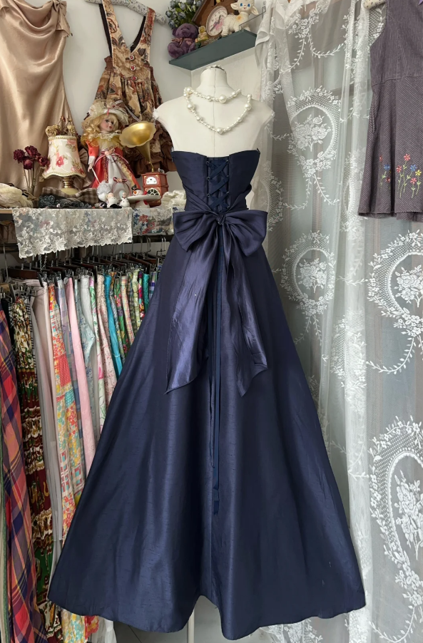 Elegant Navy Blue Strapless Satin Bow A Line Long Wedding Guest Dress Party Dress - View 3 | VelvetHem