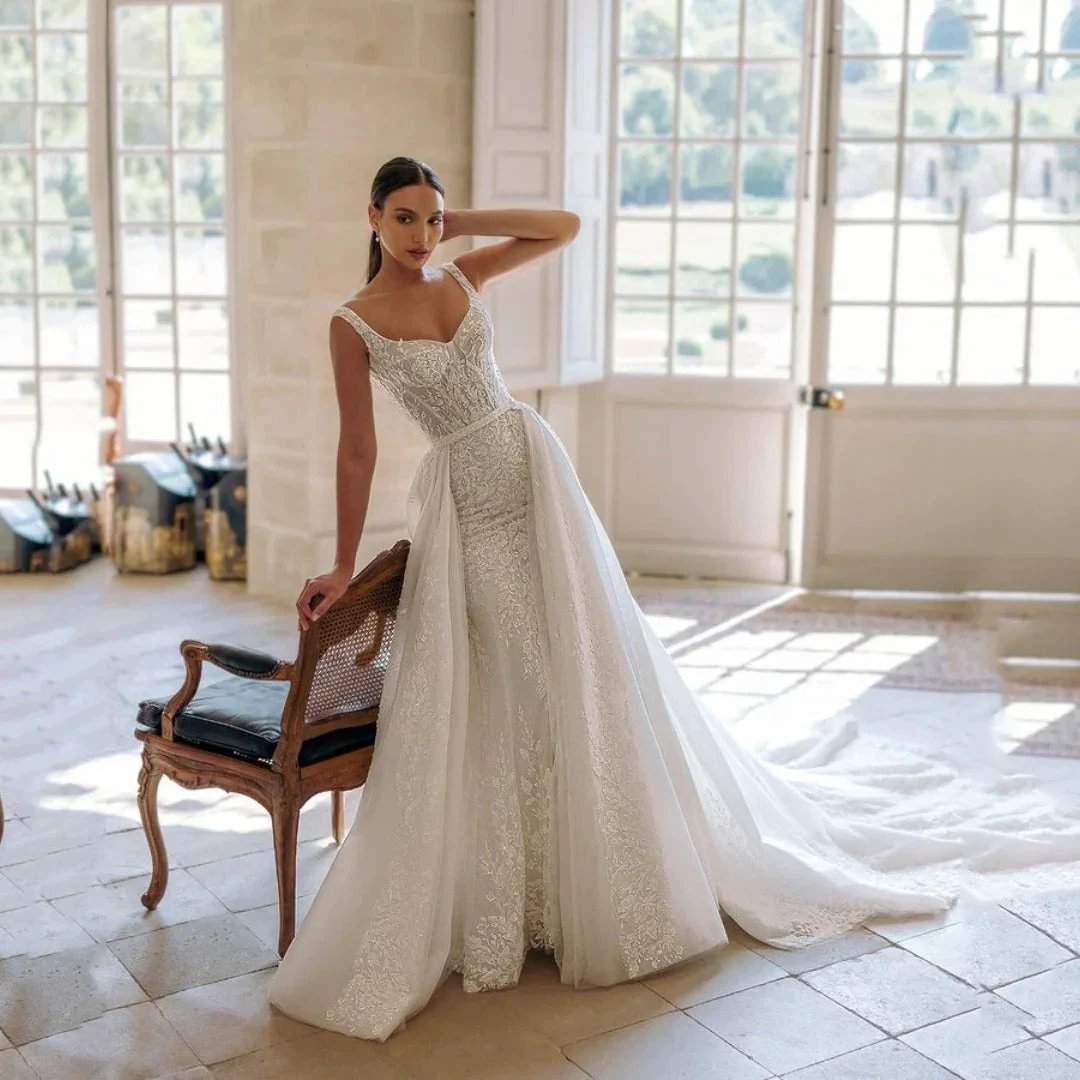 Exquisite Wedding Dress For Woman Square-Neck A-Line Lace Appliques Sequins Bride Gowns Tulle Sweep Train Vestido Custom (ZD13569)
