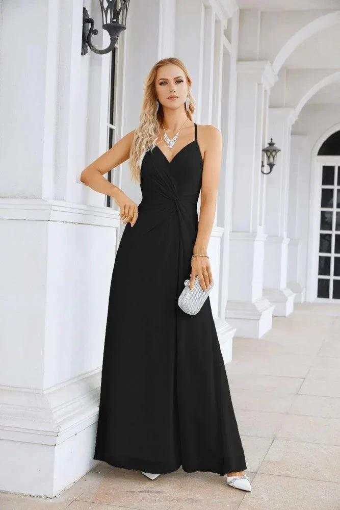 Ladies Chiffon Spaghetti Strap V Neck Front Slit Floor Length Bridesmaid Evening Dress Prom Party Wedding Evening Dress 28116 by numbersea