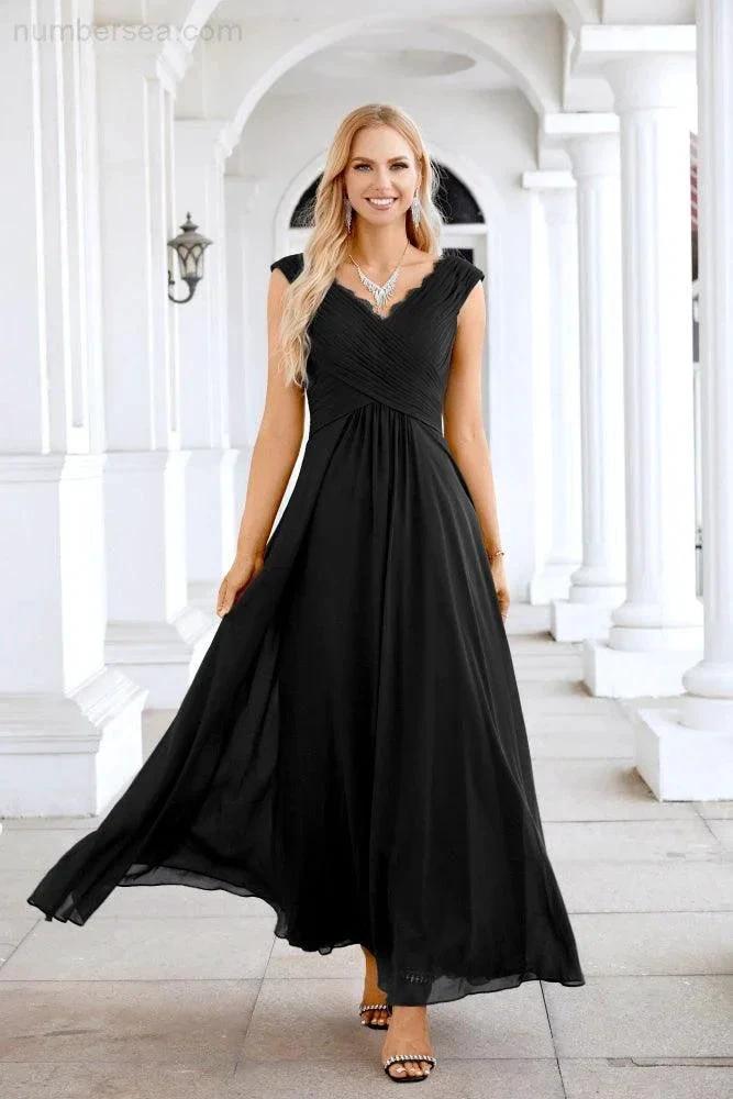 Ladies Chiffon V Neck Sleeveless Floor Length Bridesmaid Evening Dress Wedding Party Evening Dress 28126 (ZD16989)