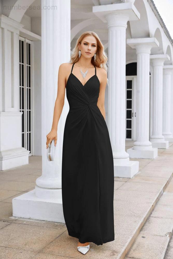 Ladies Chiffon Spaghetti Strap V Neck Front Slit Floor Length Bridesmaid Evening Dress Prom Party Wedding Evening Dress 28116 (ZD17012)