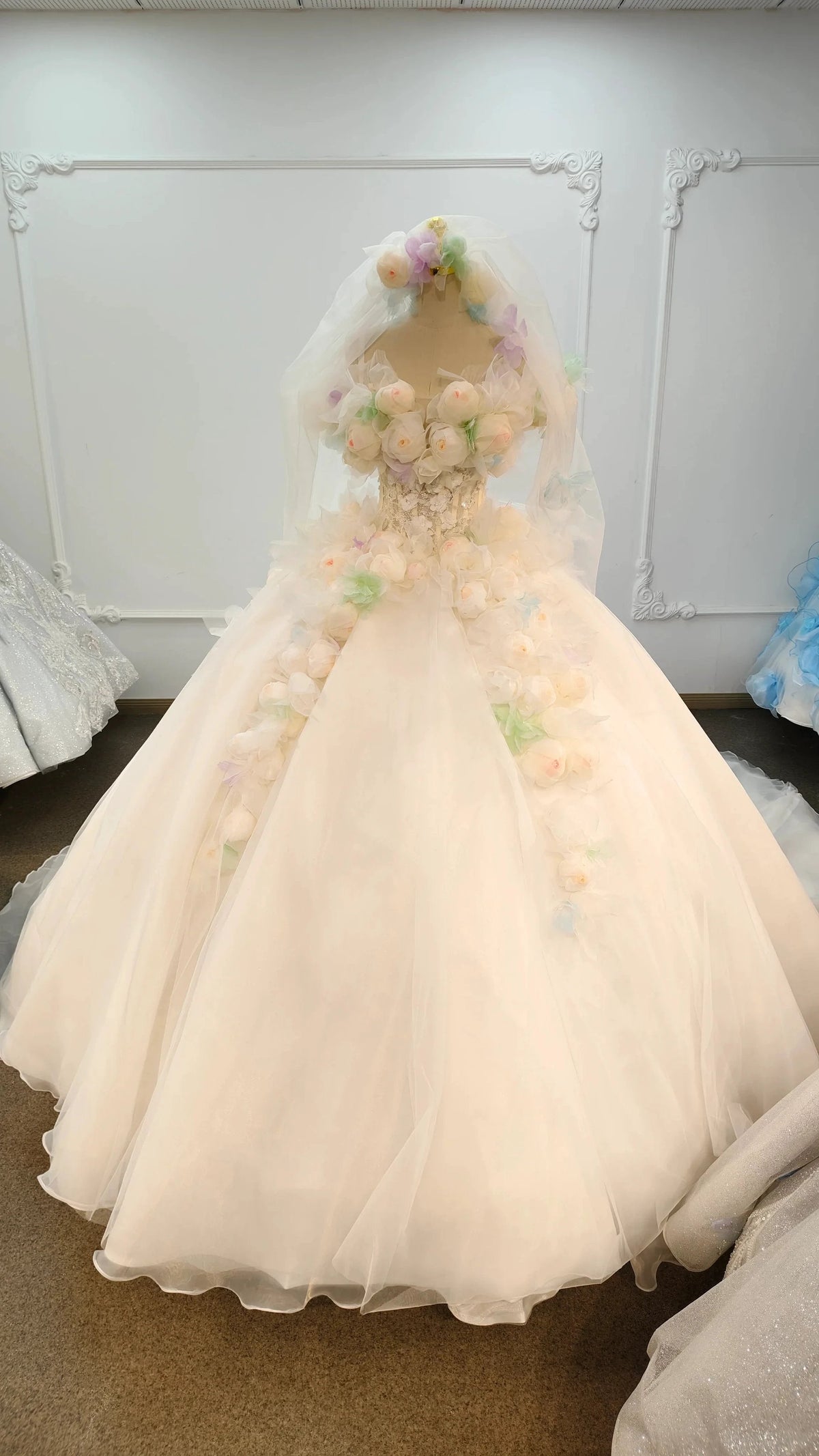 Whimsical Sweetheart Ball Gown Wedding Dress with 3D Pastel Florals & Sheer Tulle Train Ye-2039 by ZAPDRESS
