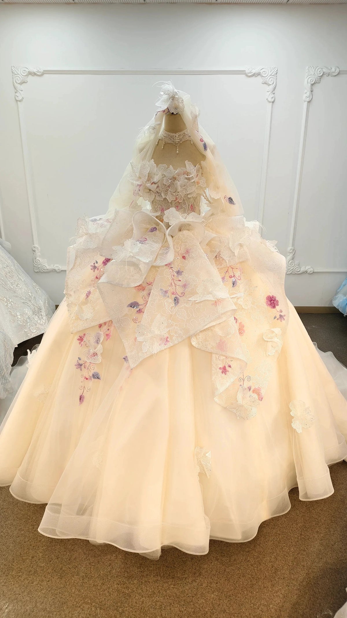 Blush Floral Strapless Ballgown Embroidered Skirt & Tulle Cape by ZAPDRESS