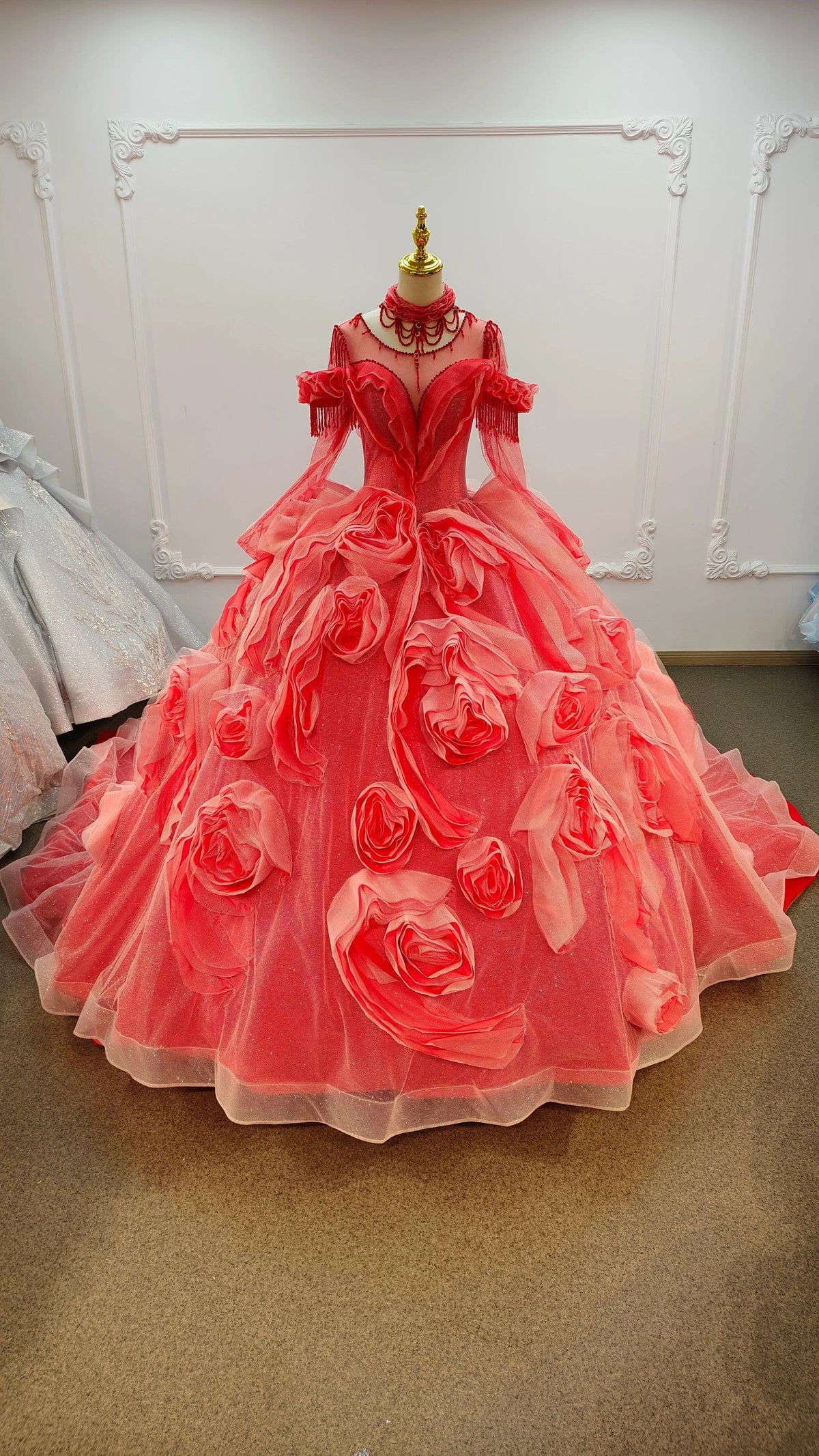 Vibrant Coral Red Off-the-Shoulder Ball Gown Wedding Dress with 3D Rose Appliqu�s & Beaded Tassels Ye-2036 (ZD16827) - VelvetHem