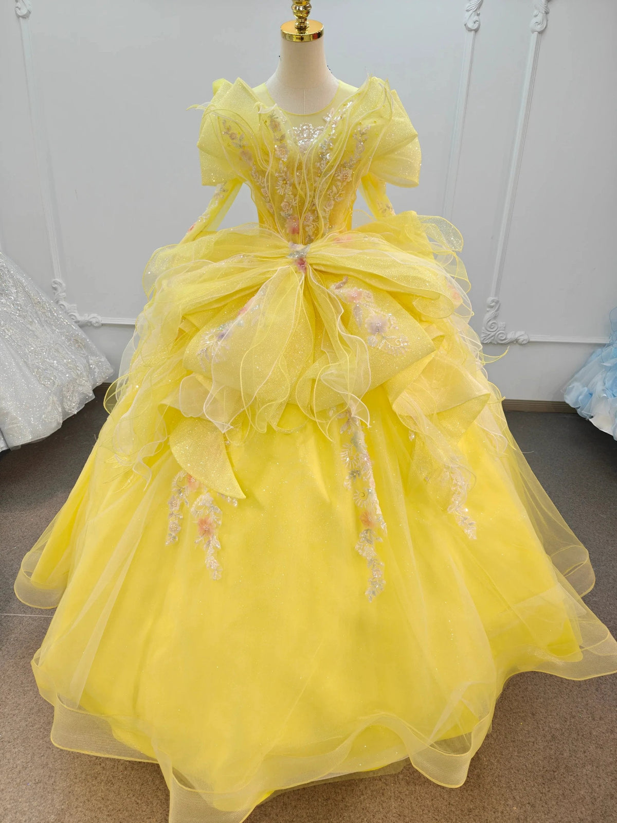Vibrant Yellow High-Neck Ball Gown Wedding Dress with Ruffled Tulle, 3D Floral Embroidery & Corset Back Ye-2031 by ZAPDRESS
