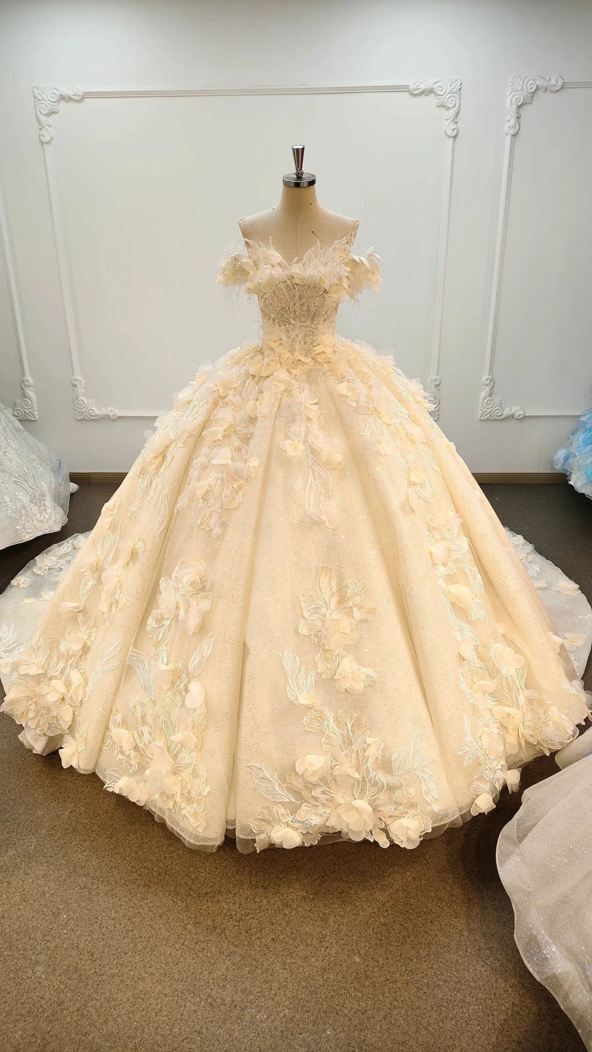 Ethereal Off-the-Shoulder Ball Gown Wedding Dress with 3D Floral Appliqu�s, Pearl Beading & Glitter Tulle Ye-2038 (ZD16830) - VelvetHem