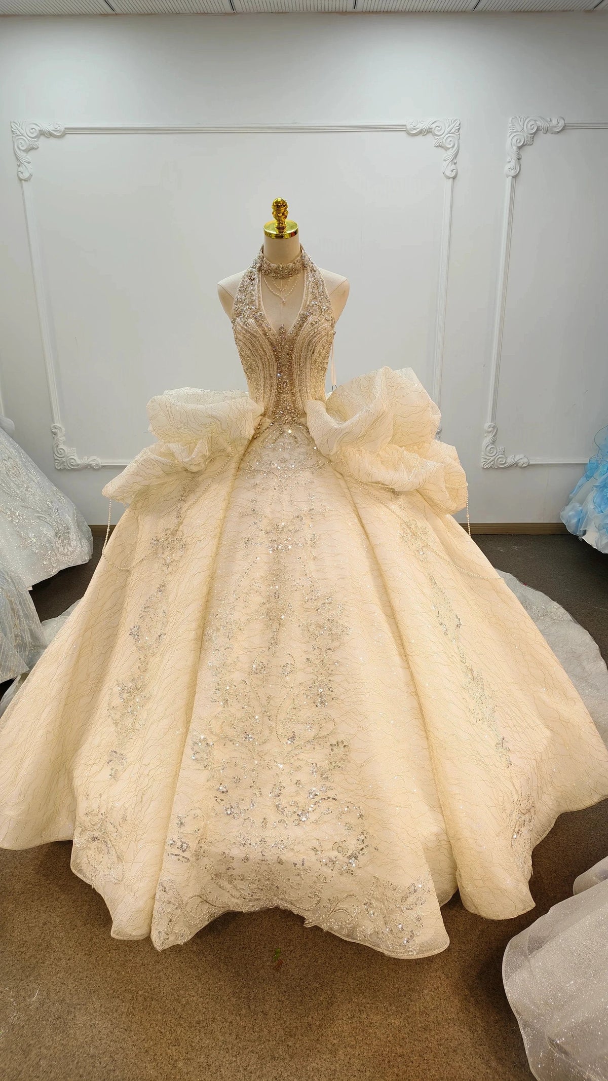 Lavish Halter-Neck Ball Gown Wedding Dress with Pearl Crystal Embroidery & Ruffled Tulle Skirt Ye-2034 (ZD16817) - VelvetHem