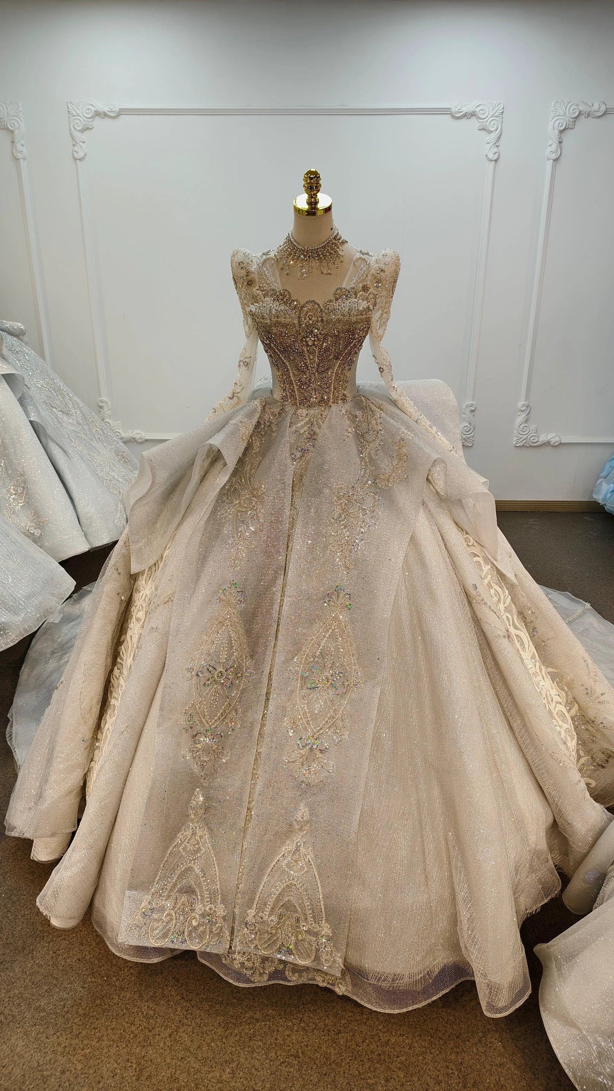 Gorgeous High-Neck Sequin Ball Gown Wedding Dress with Crystal Embroidery & Sheer Long Sleeves Ye-2021 (ZD16802) - VelvetHem