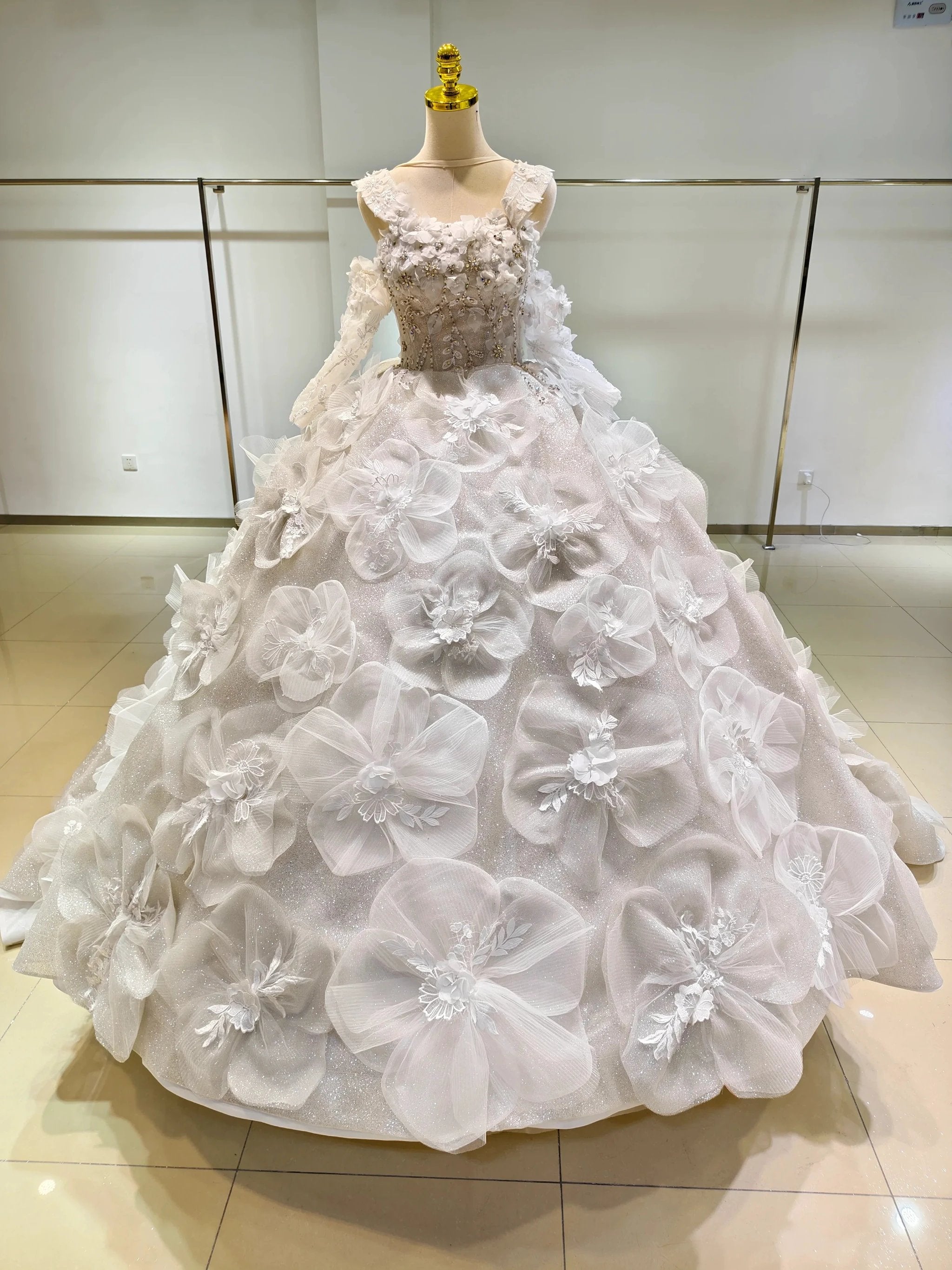 Ivory Petal Whisper Ballgown Organza Floral Bust & Bloom Train by ZAPDRESS