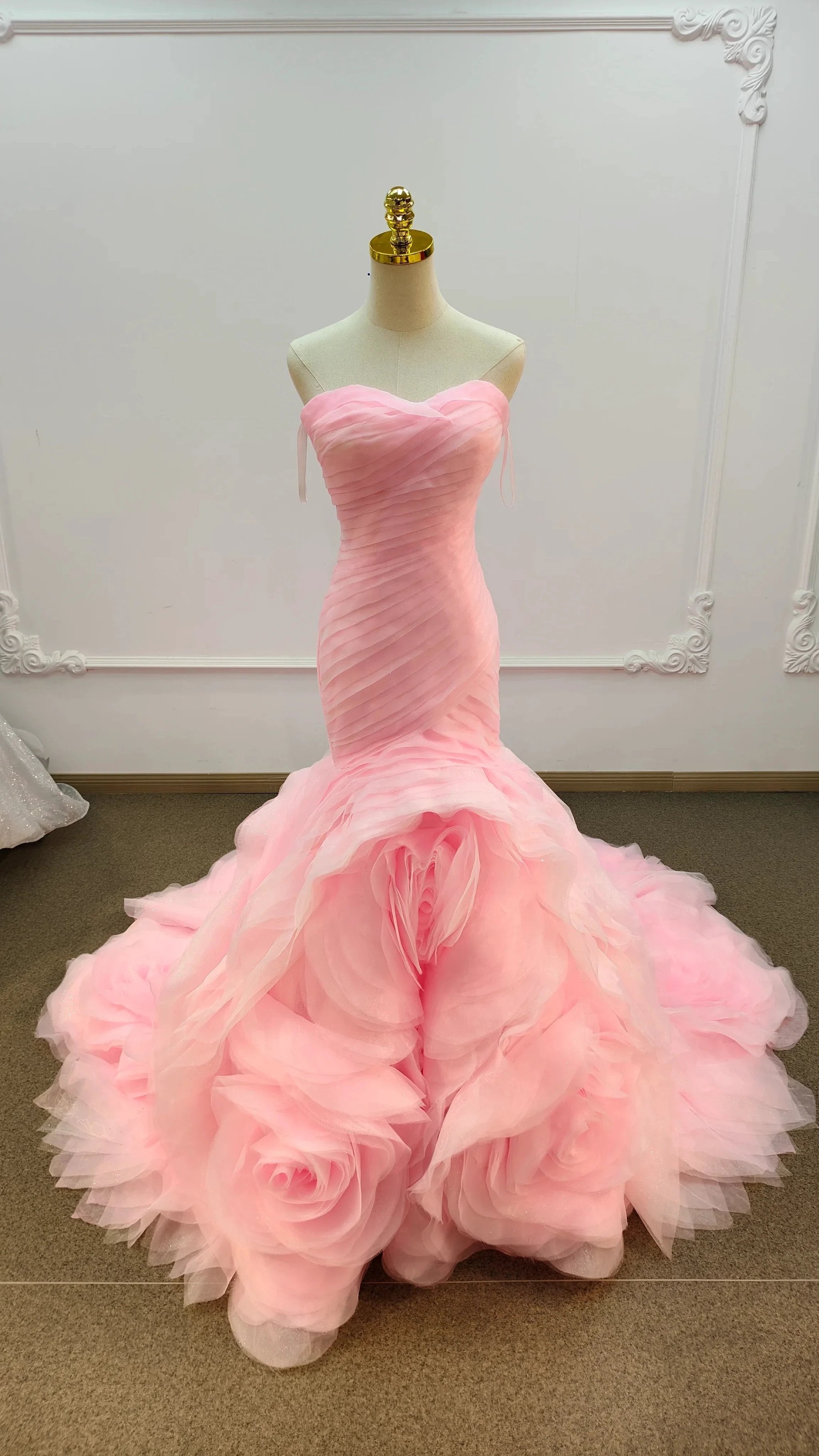 Romantic Blush Pink Strapless Mermaid Wedding Dress with Ruched Bodice & 3D Rose Tulle Skirt Ye-2033 by ZAPDRESS
