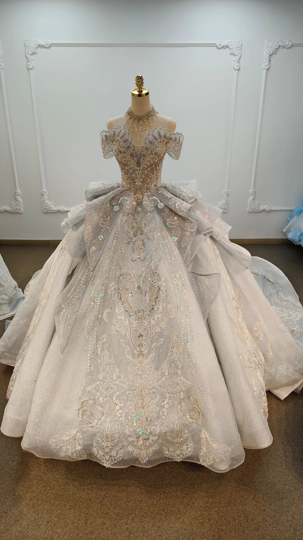 Gorgeous Silver Sequin Off-the-Shoulder Ball Gown Wedding Dress with Crystal Embroidery & Giant Bow Train Ye-2020 (ZD16800) - VelvetHem