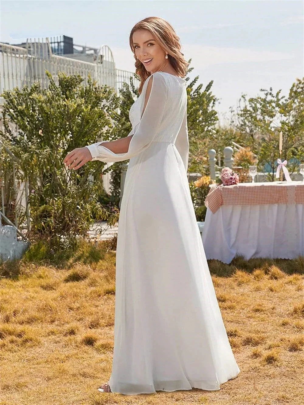 Classic Appliques 3D Flower Wedding Dress Simple Deep V-neck Long Sleeve Bridal Gown Beach Vestidos De Novia (ZD13443)