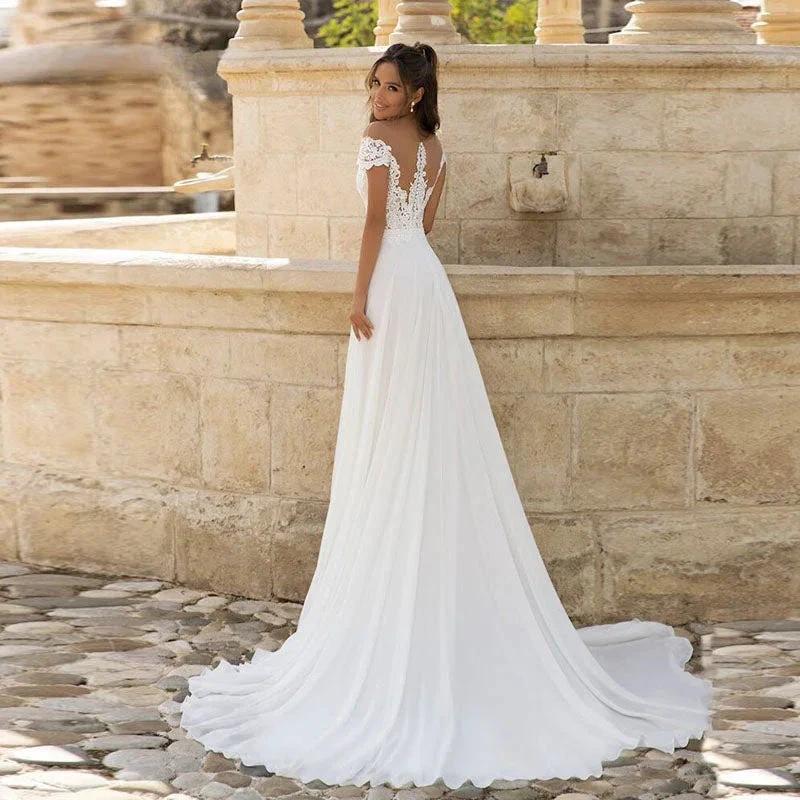 Chiffon Bohemian Bride Gowns A-Line Wedding Dresses Side Slit Lace Beach Long O-Neck Cap Sleeves Vestidos De Novia 2024 (ZD13398)