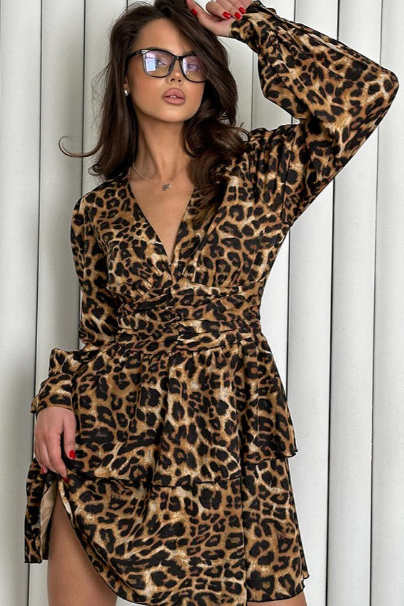 Leopard Print V Neck Ruffle Mini Dress