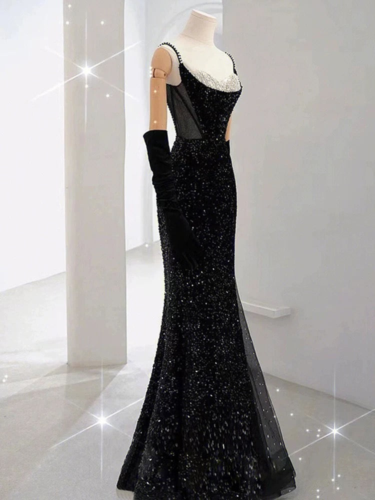 Elegant Mermaid Spaghetti Straps Black Sequin Long Prom Dresses Party Dress With Beads - View 3 | VelvetHem