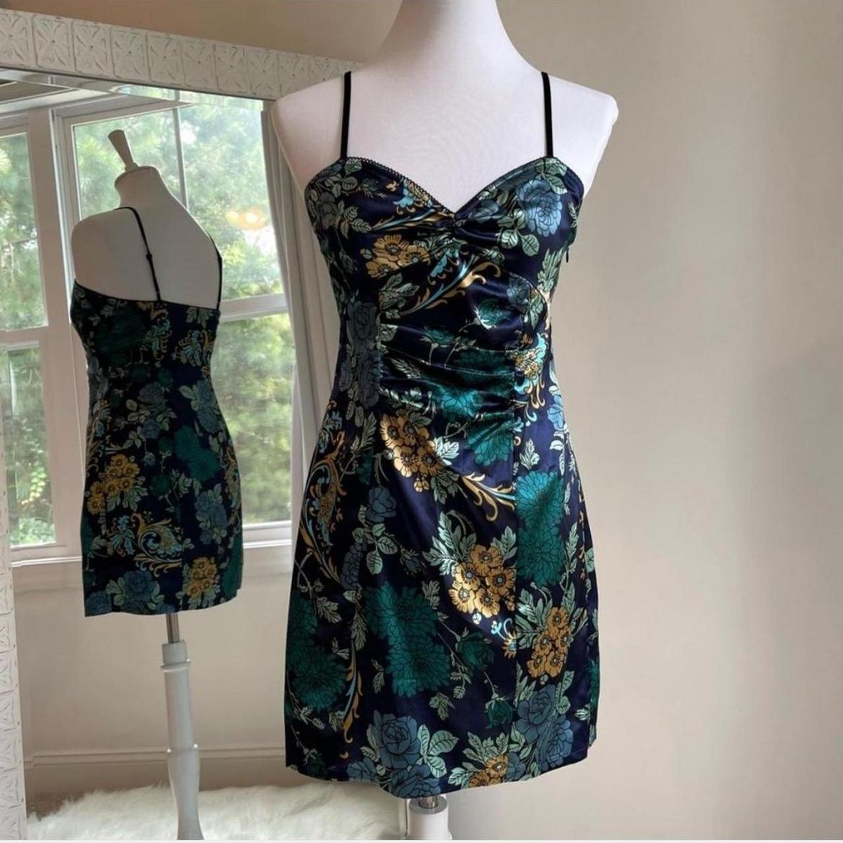 Vintage Navy Blue Straps Satin Print Floral Formal Graduation Homecoming Dress Short Cocktail Dress