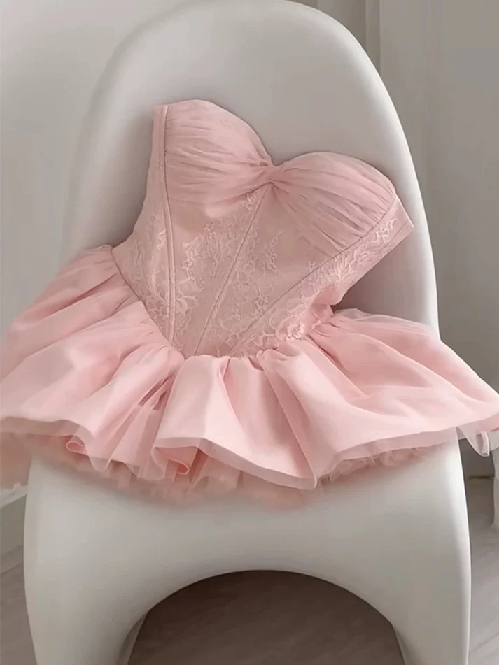 Cute Sweetheart Neck Pink Lace Short Birthday Outfits A Line Graduation Homecoming Dress