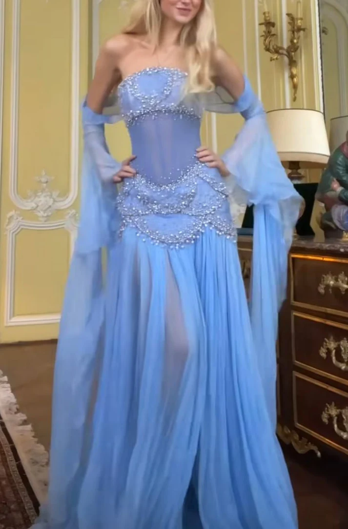 Sexy A Line Off The Shoulder Maxi Long Party Light Blue Chiffon Prom Dresses Evening Dress