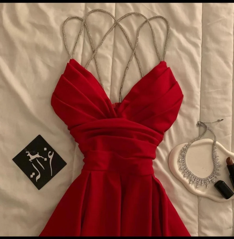 Gorgeous Red Satin Beaded V Neck Evening Dress A Line Party Evening Dress - View 2 | VelvetHem