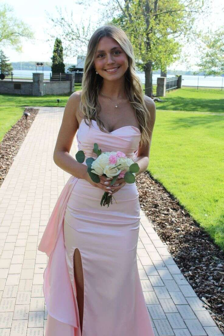Pink Sweetheart Neck Mermaid Ruffles Slit Evening Dress Formal Prom Dress - VelvetHem