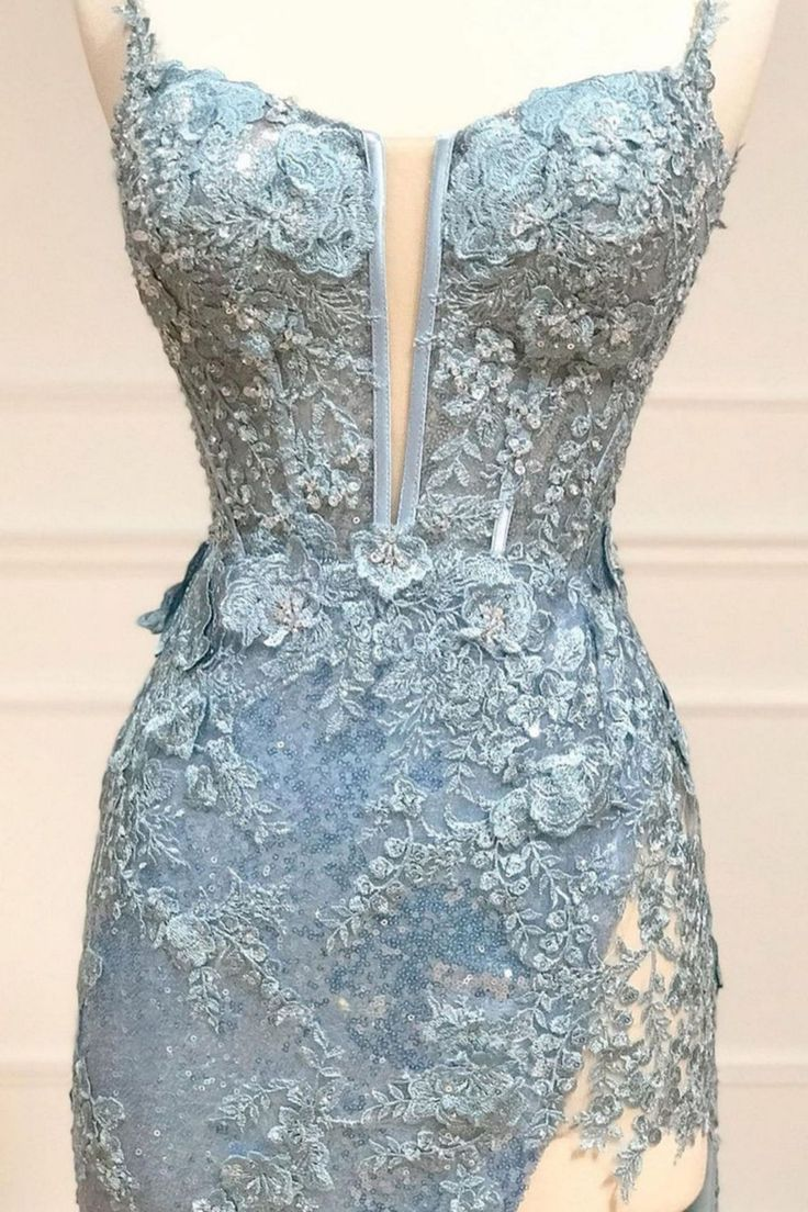 Glitter Sequin Mermaid Spaghetti Straps Long Corset Prom Dress With Appliques - View 3 | VelvetHem