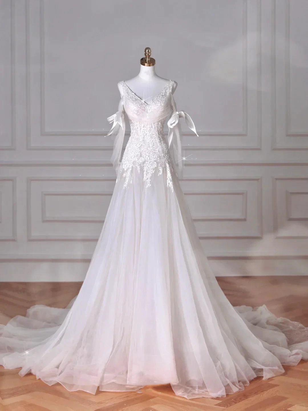 Fairy White V Neck Tulle Lace Appliques Mermaid Evening Dress,Long Wedding Dress (ZD13761)