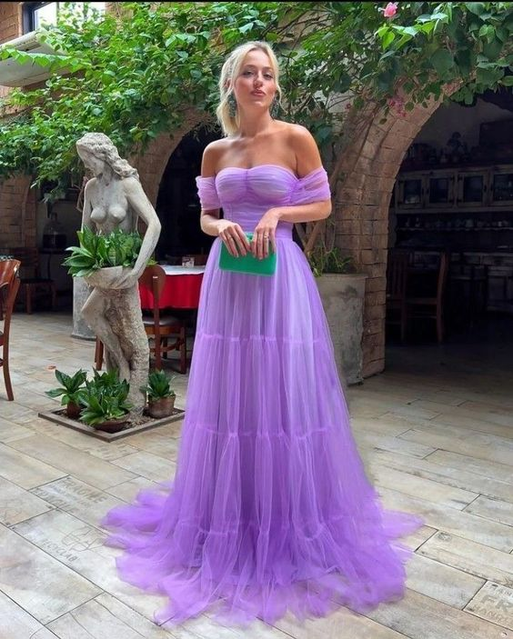A Line Purple Off the Shoulder Formal Evening Gowns Tulle Long Prom Dress - VelvetHem