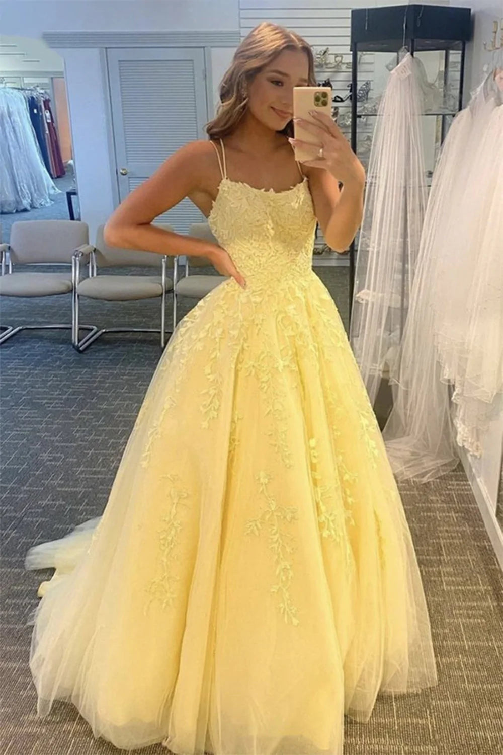 Princess A Line Spaghetti Straps Purple Long Prom Dress with Appliques
