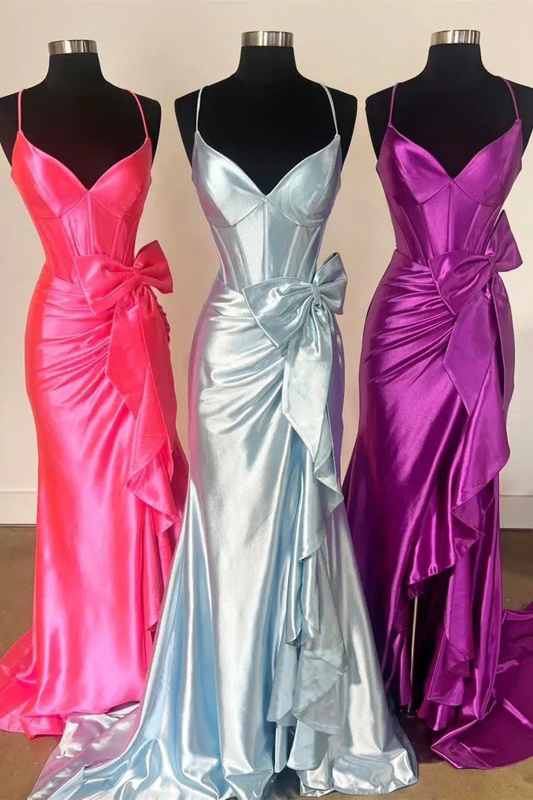Lovely Pink Mermaid Lace Up Long Satin Prom Dress with Bowknot and Slit