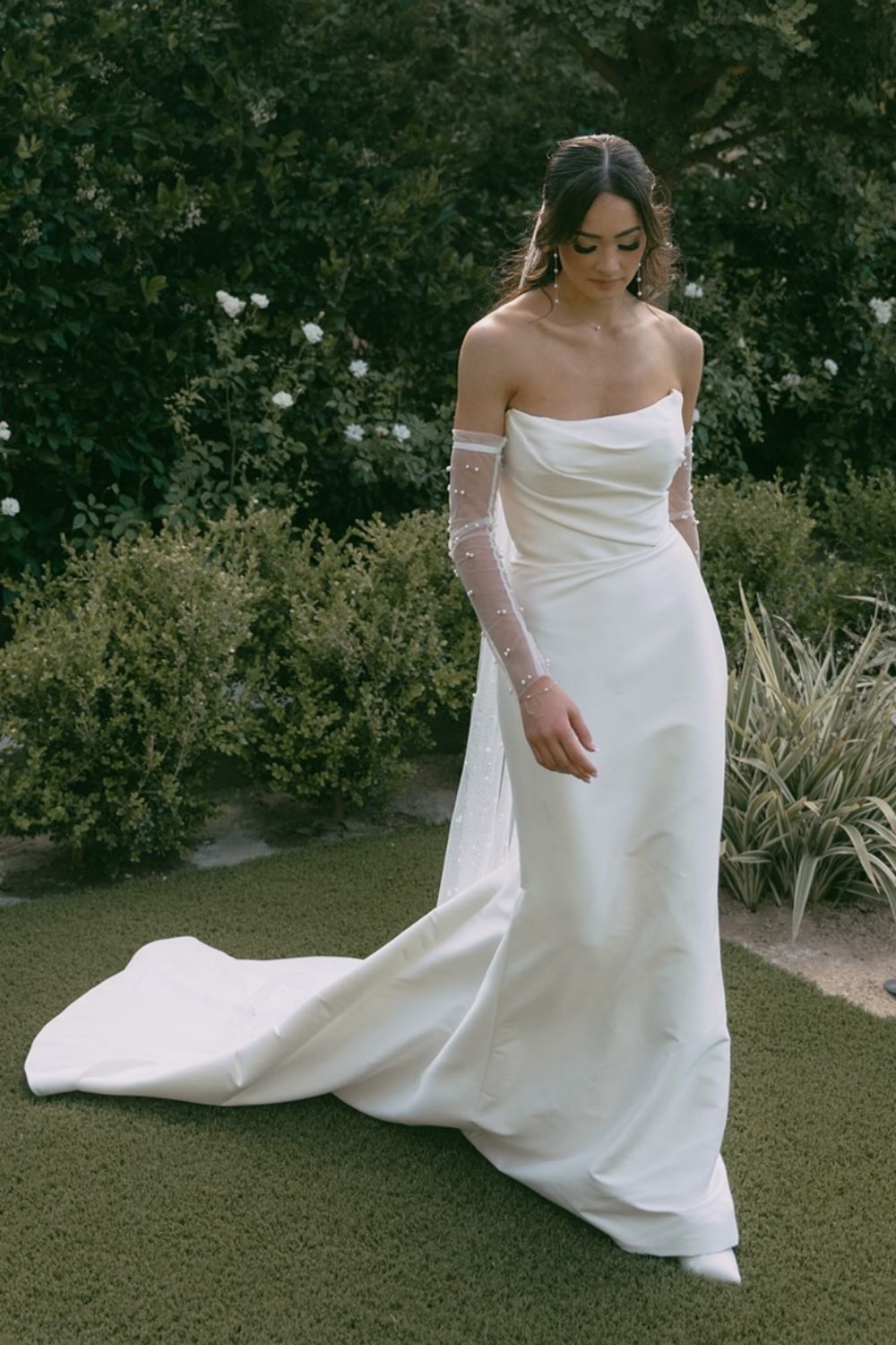 Stunning Mermaid Strapless White Satin Long Wedding Dress with Sweep Train
