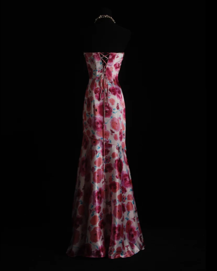 Charming Strapless Satin Floral Beaded Mermaid Long Birthday Prom Dress Evening Dress - View 5 | VelvetHem